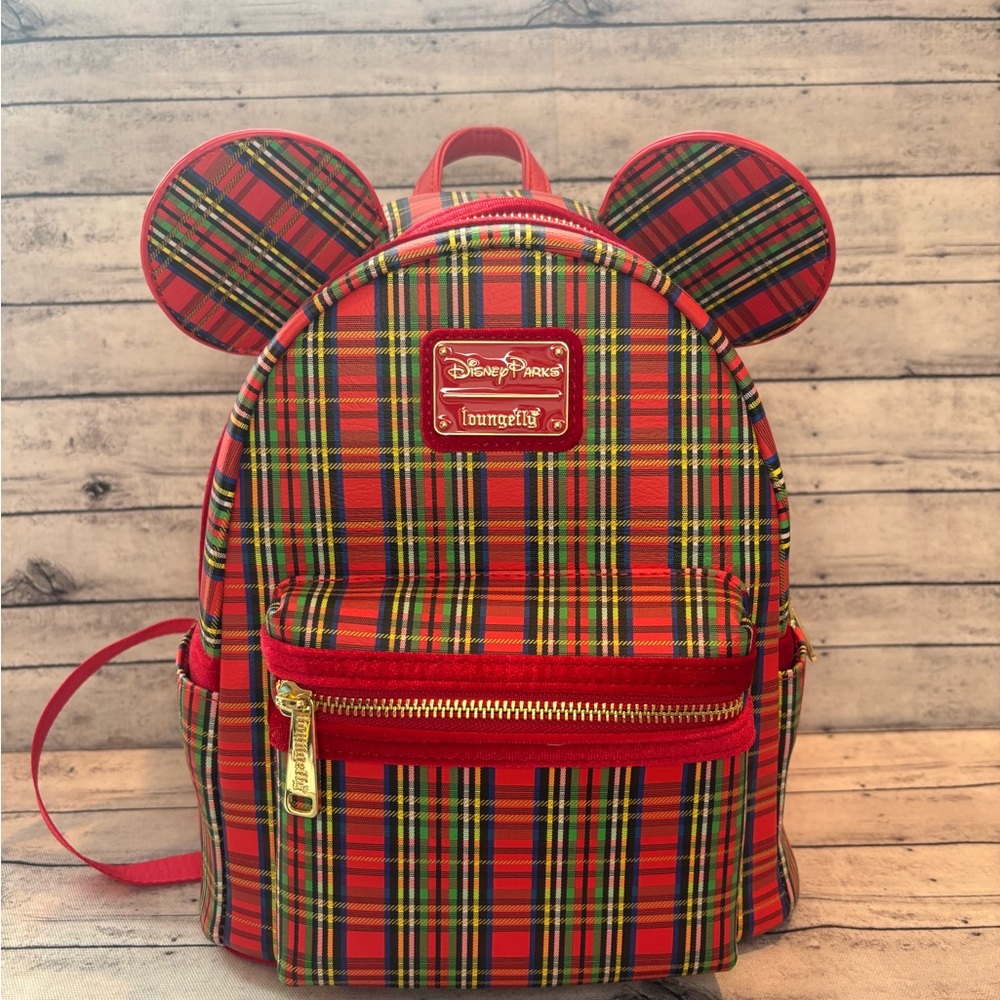Loungefly Disney Parks Red Plaid Classic Christmas Backpack